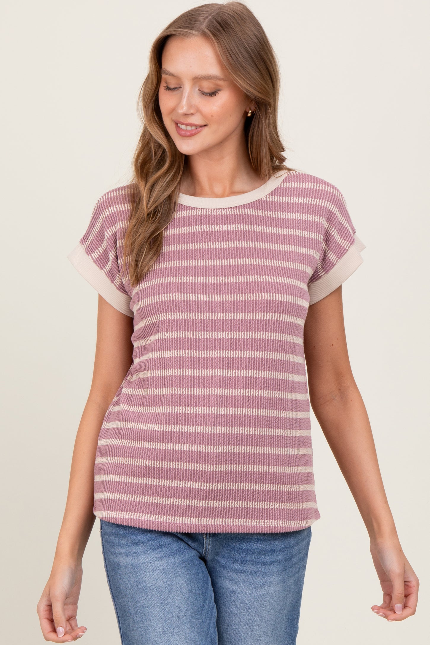 Mauve Textured Striped Short Sleeve Top