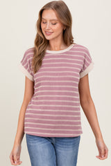 Mauve Textured Striped Short Sleeve Top