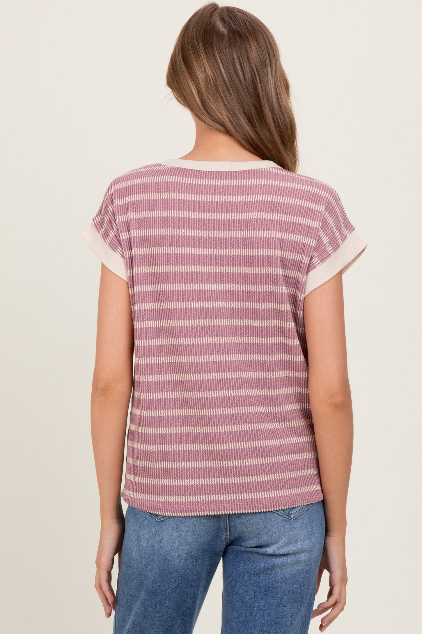 Mauve Textured Striped Short Sleeve Top