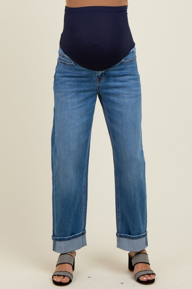 Navy Rolled Cuffed Barrel Leg Maternity Jeans