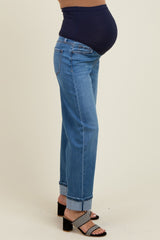 Navy Rolled Cuffed Barrel Leg Maternity Jeans