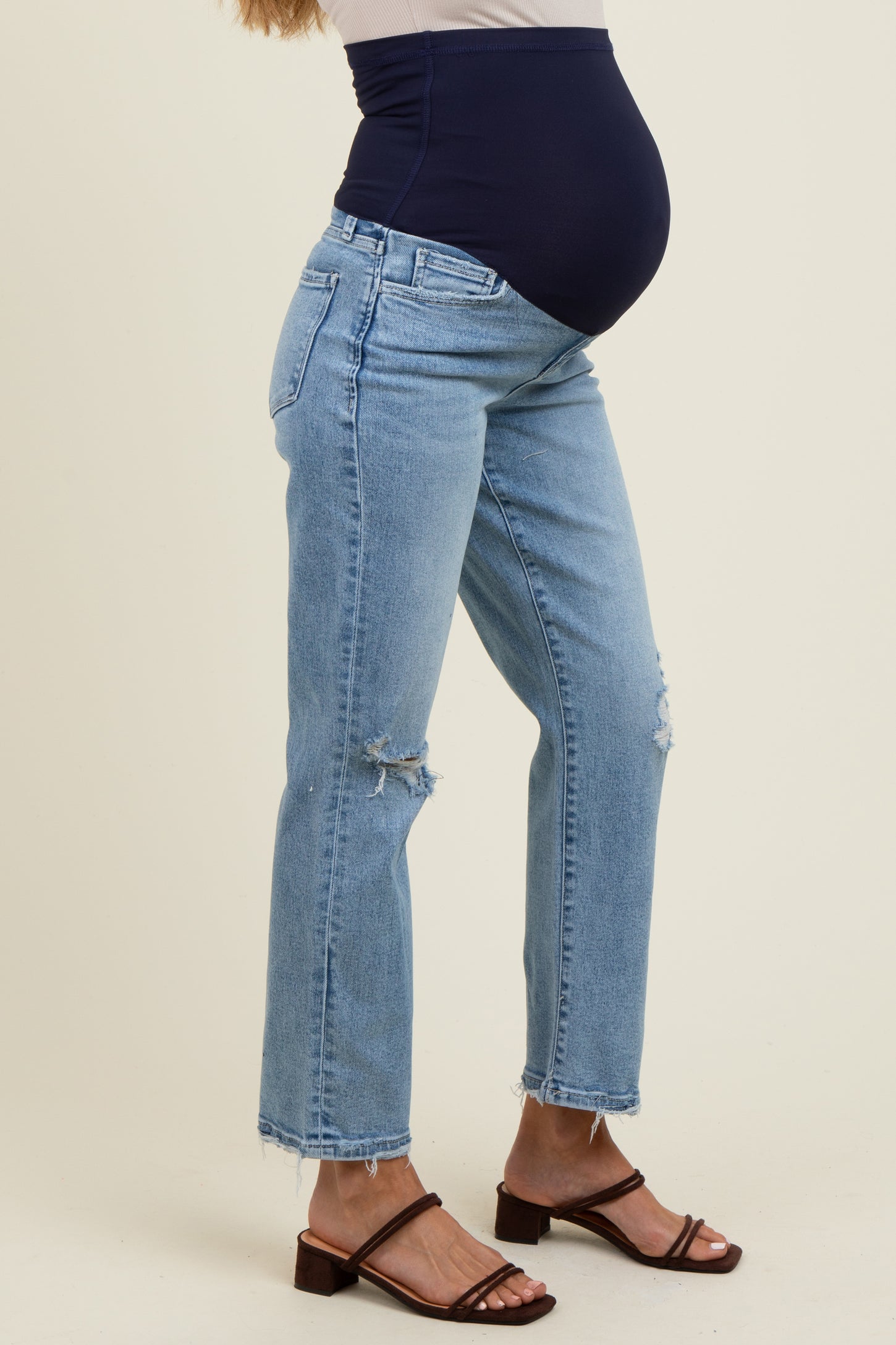 Light Blue Distressed Open Knee Ankle Straight Leg Maternity Jeans