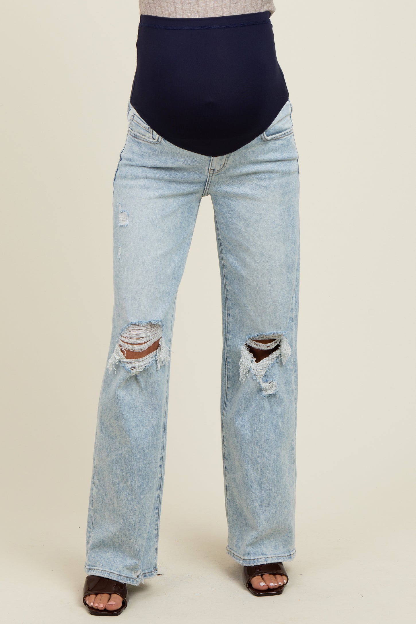 Light Blue Distressed Open Knee Wide Leg Maternity Jeans