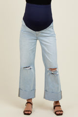 Light Blue Distressed Knee Cropped Cuffed Baggy Wide Leg Maternity Jeans