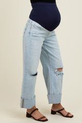 Light Blue Distressed Knee Cropped Cuffed Baggy Wide Leg Maternity Jeans
