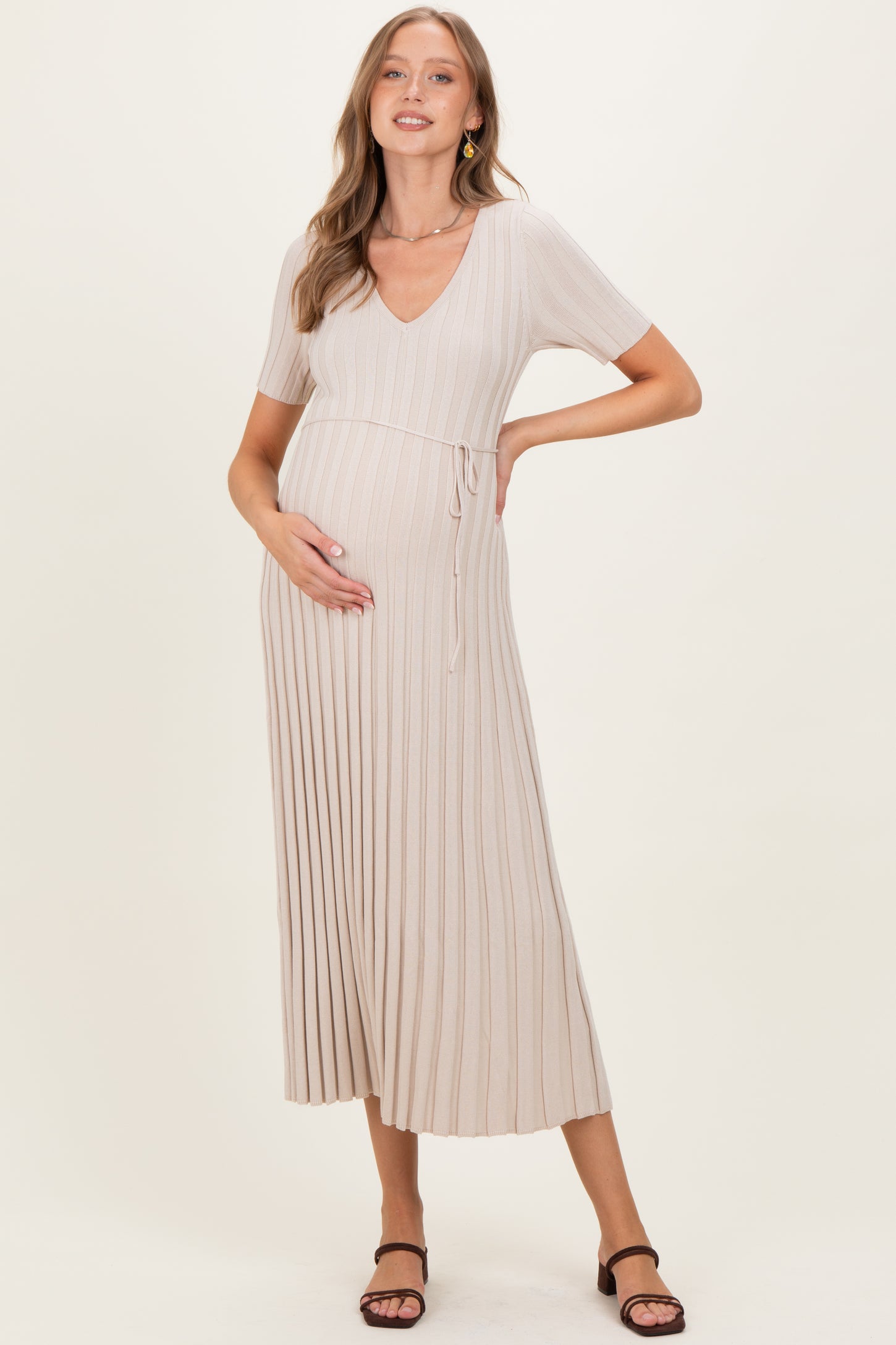 Taupe Ribbed Short Sleeve Maternity Knit Maxi Dress