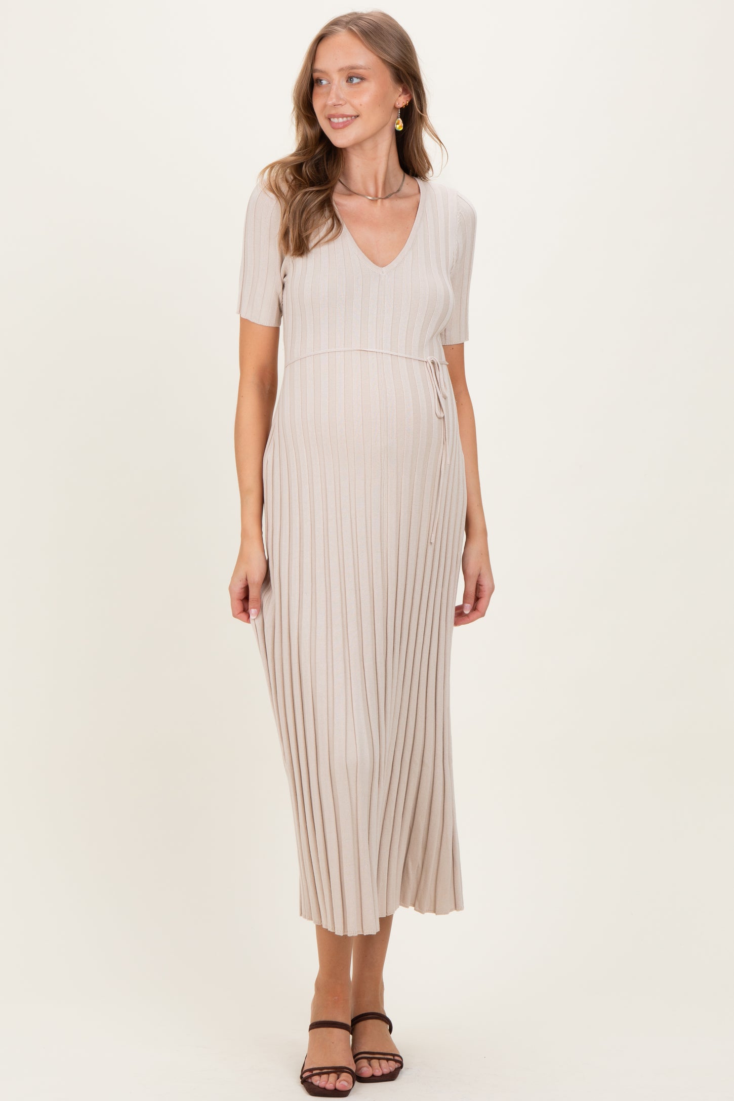 Taupe Ribbed Short Sleeve Maternity Knit Maxi Dress
