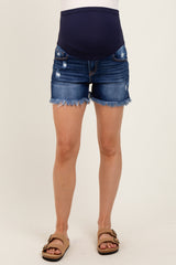 Navy Distressed Fringe Hem Maternity Jean Shorts