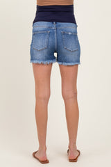 Navy Distressed Fringe Hem Maternity Jean Shorts