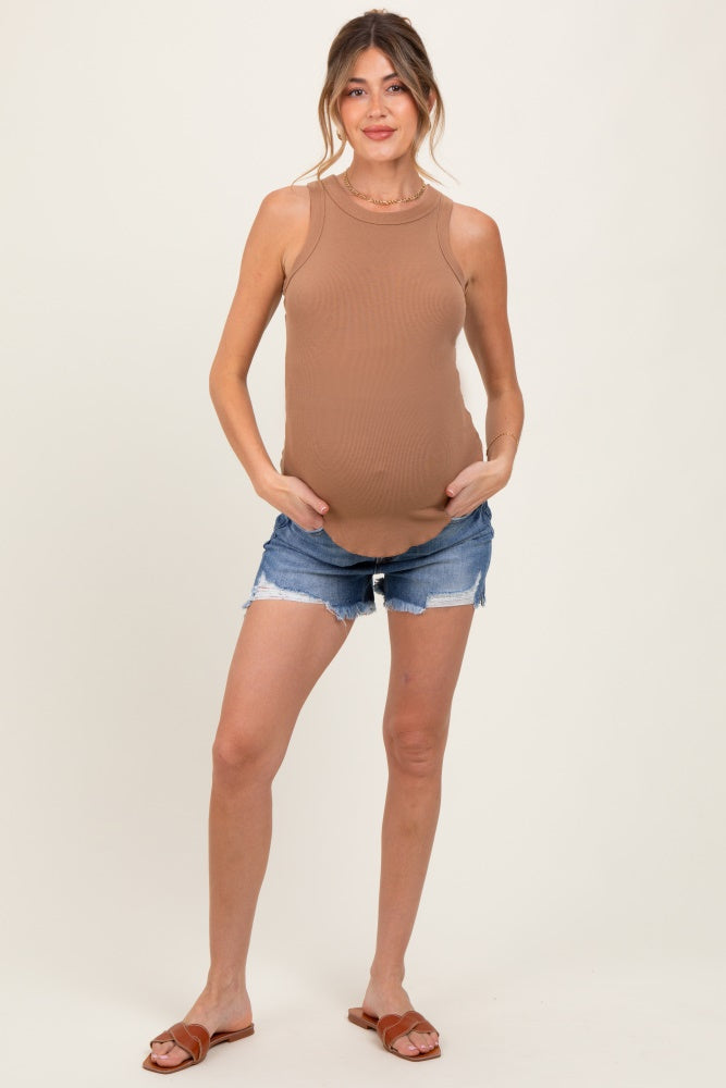 Navy Distressed Fringe Hem Maternity Jean Shorts