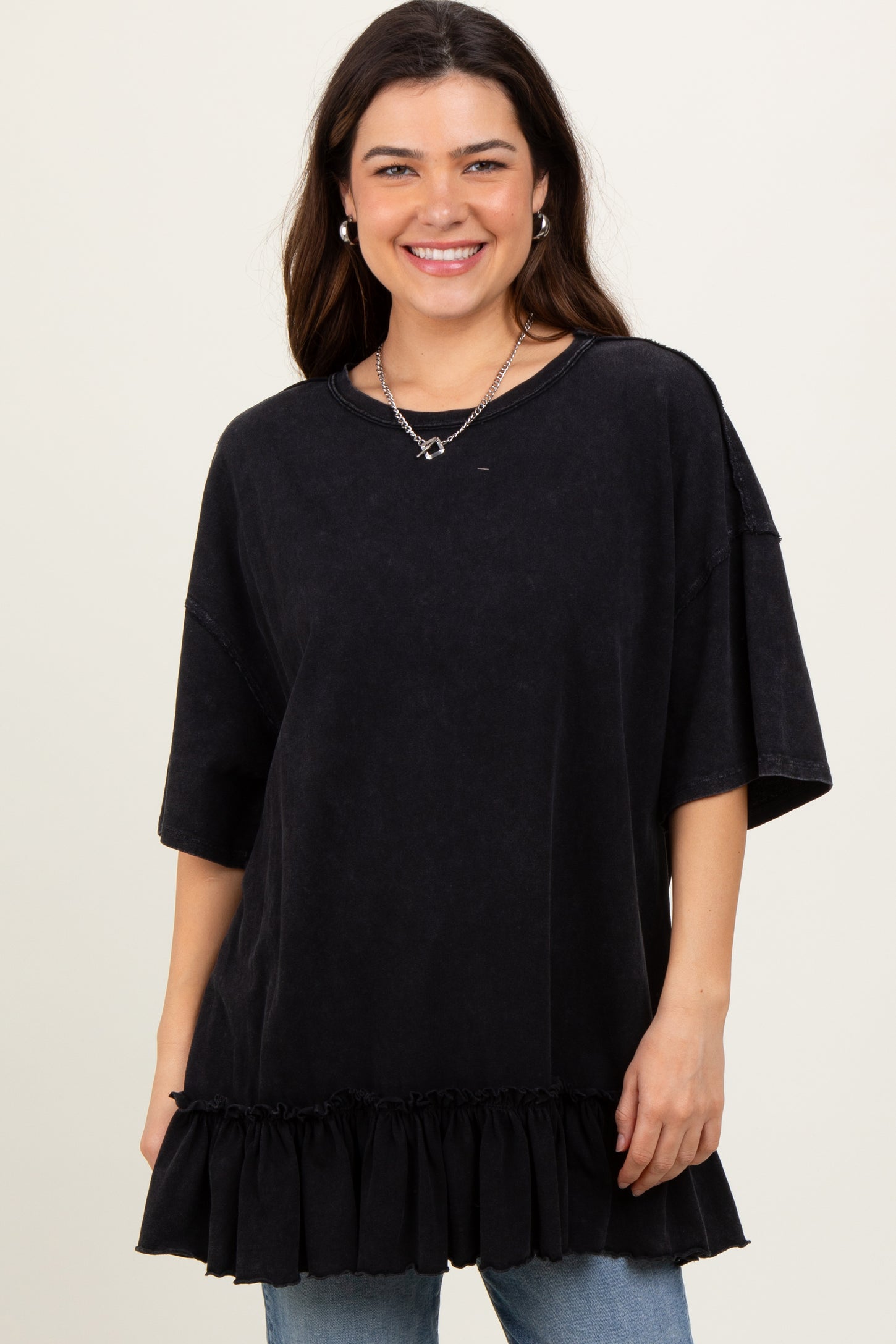 Black Relaxed Ruffled Tunic Top