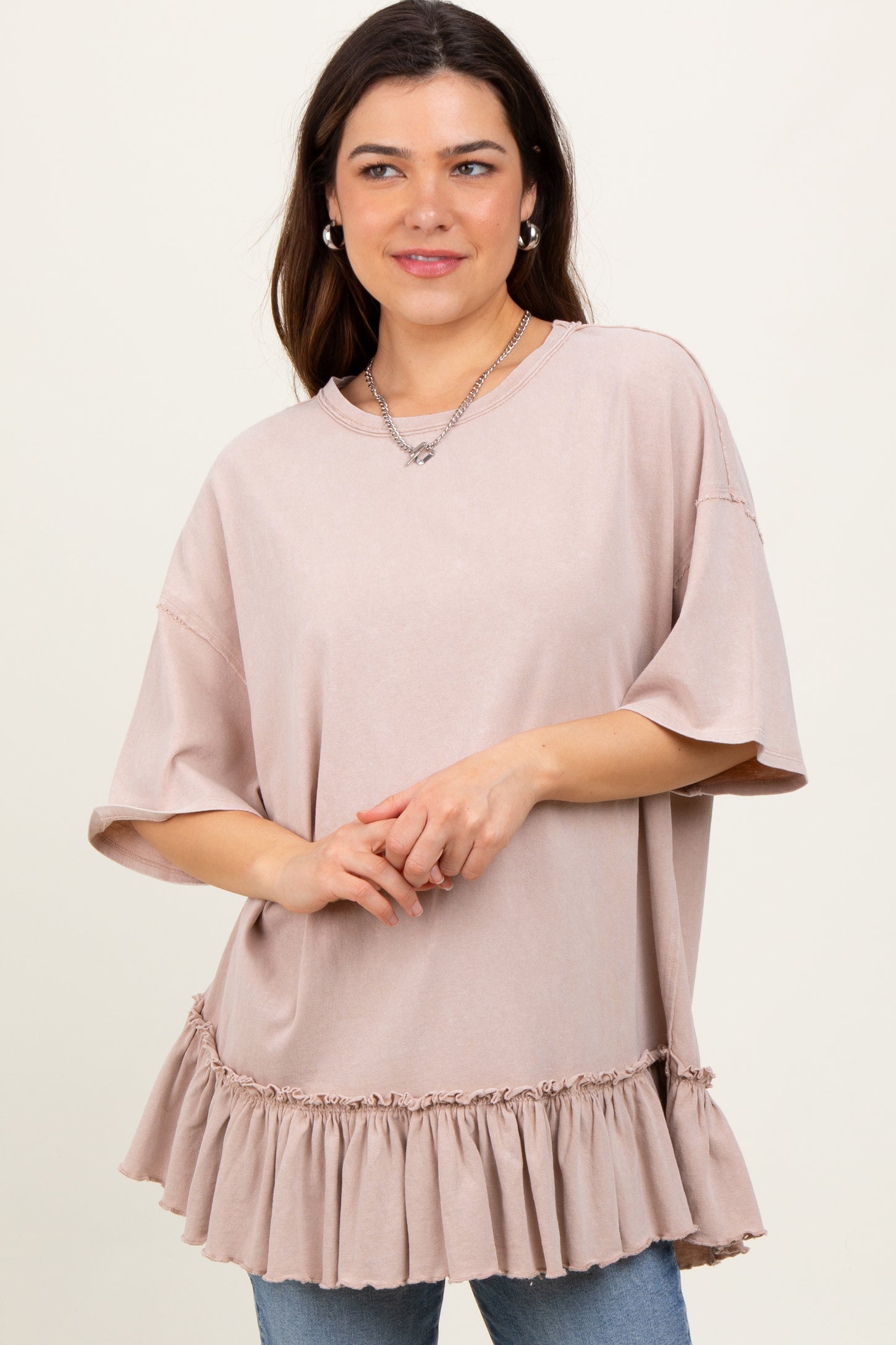 Taupe Relaxed Ruffled Tunic Top