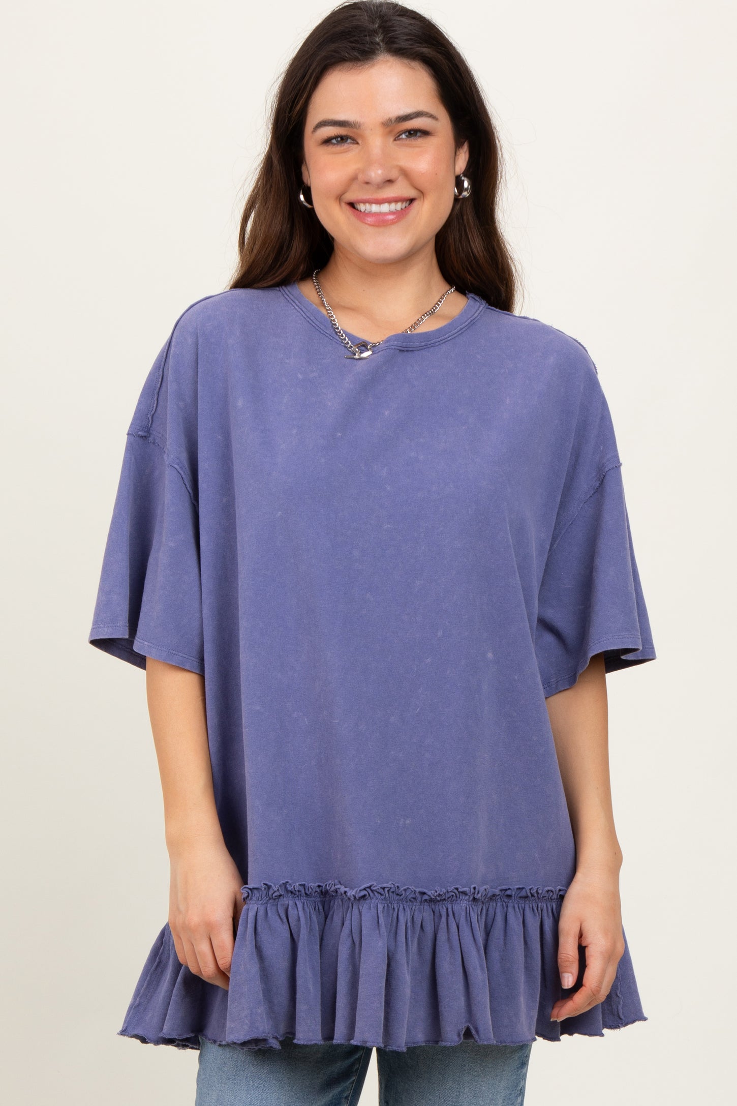 Navy Relaxed Ruffled Tunic Top