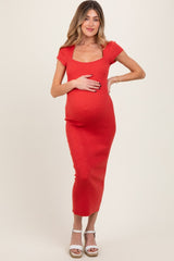Coral Knit Square Neck Fitted Maternity Midi Dress