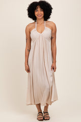 Cream Halter Neck Side Slit Maternity Midi Dress