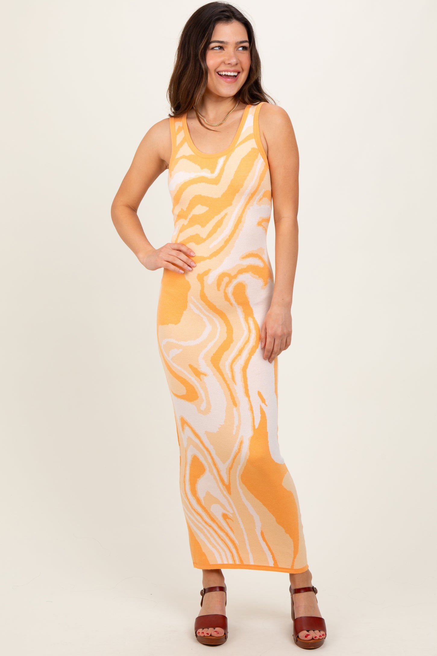 Yellow Abstract Print Knit Fitted Midi Dress
