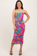 Multicolor Abstract Print Ruched Fitted Midi Dress