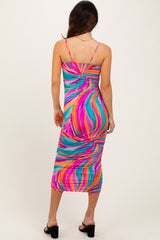 Multicolor Abstract Print Ruched Fitted Midi Dress