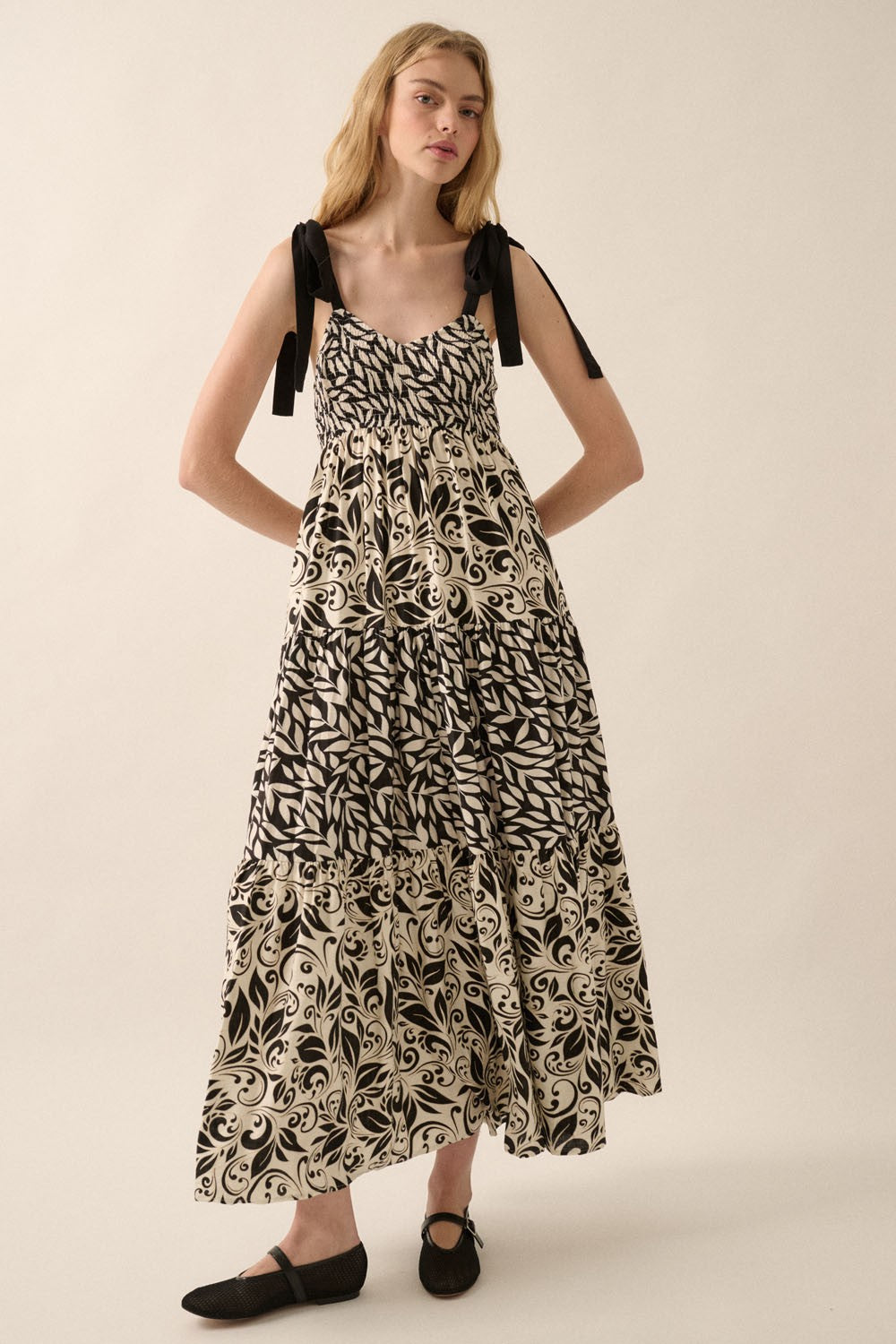 Black Leaf Print Smocked Shoulder Tie Tiered Maternity Maxi Dress