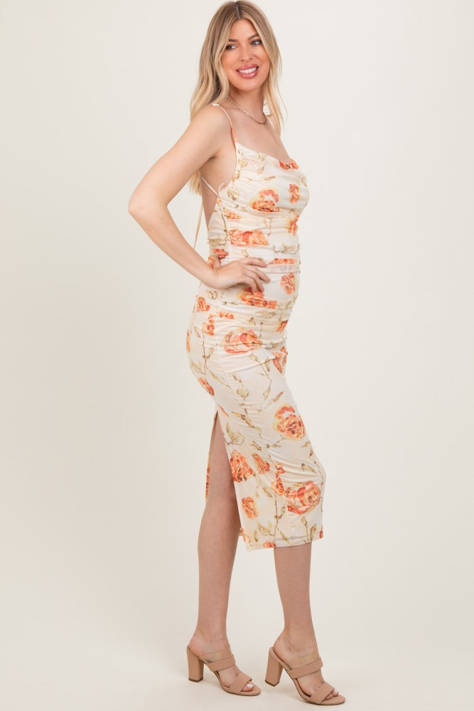 Cream Floral Ruched Low Tie Back Midi Dress
