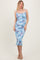 Light Blue Floral Ruched Low Tie Back Midi Dress