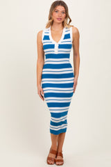 Blue Striped Knit Sleeveless Polo Midi Dress