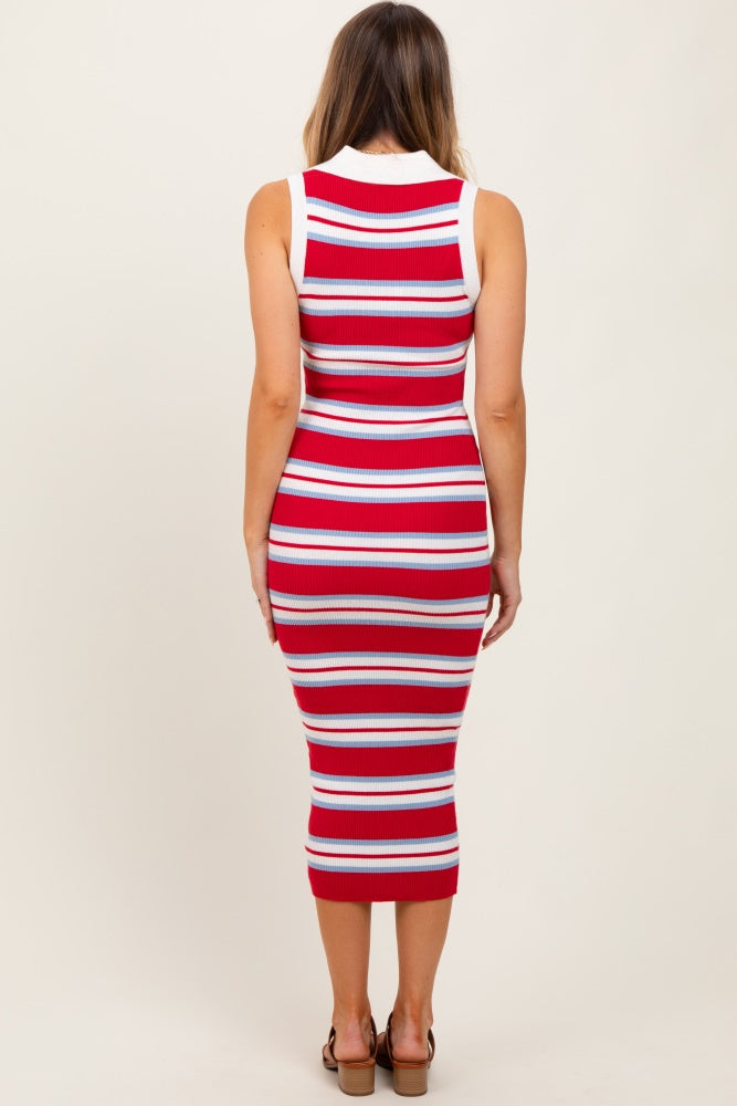 Red Striped Knit Sleeveless Polo Midi Dress