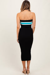 Black Ribbed Knit Striped Strapless Fitted Midi Dress