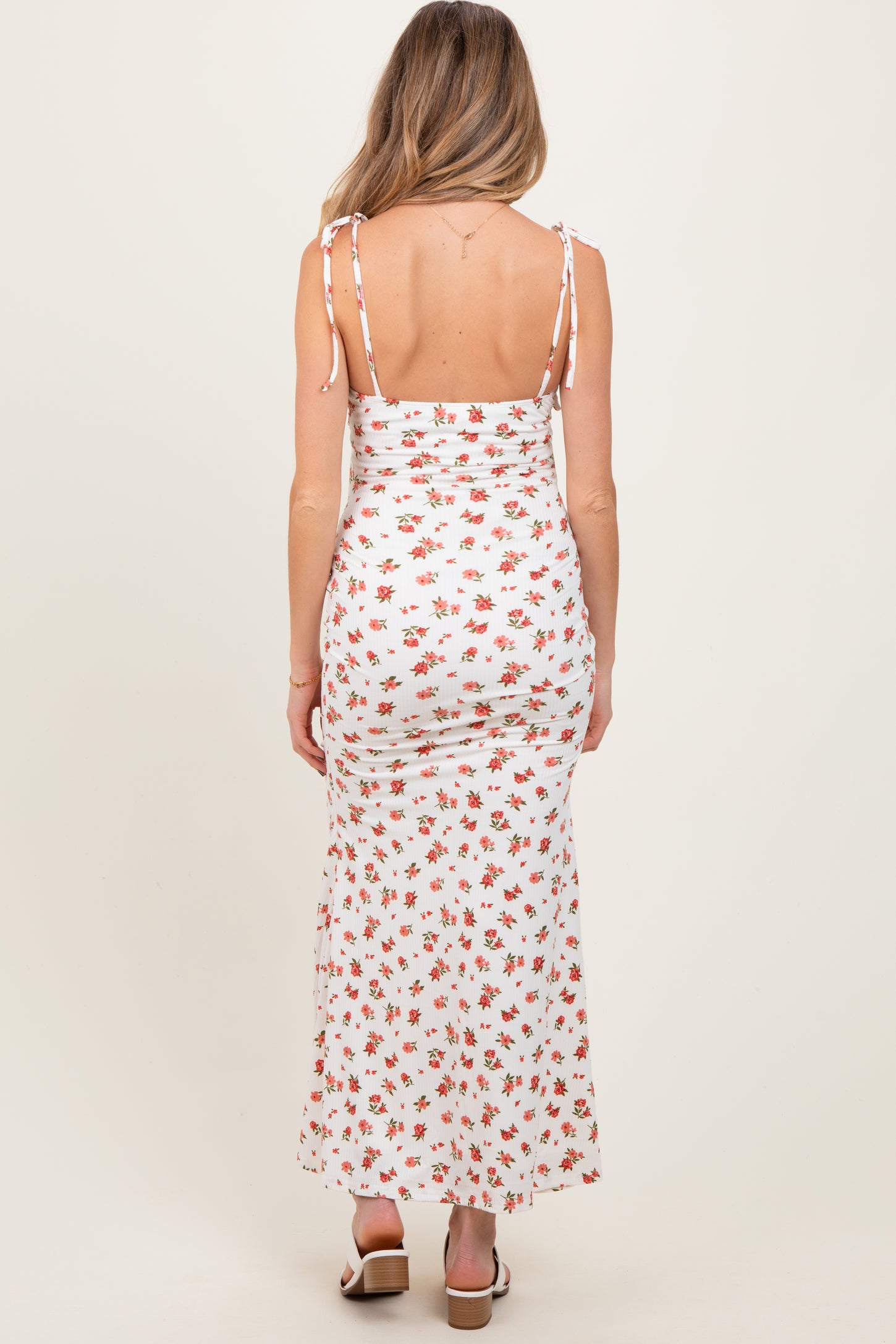 Red Ribbed Floral Shoulder Tie Maternity Maxi Dress