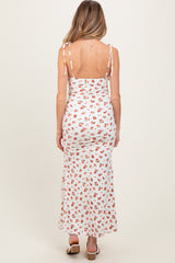 Red Ribbed Floral Shoulder Tie Maternity Maxi Dress