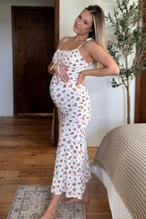 Red Ribbed Floral Shoulder Tie Maternity Maxi Dress