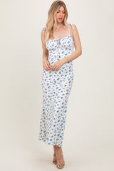 Blue Ribbed Floral Shoulder Tie Maxi Dress