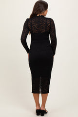 Black Lace Overlay Long Sleeve Fitted Maternity Midi Dress