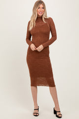 Brown Lace Overlay Long Sleeve Fitted Midi Dress