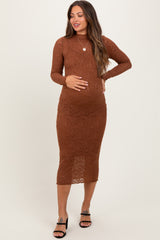 Brown Lace Overlay Long Sleeve Fitted Maternity Midi Dress