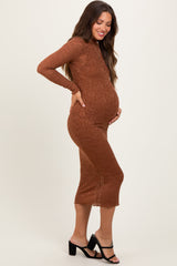 Brown Lace Overlay Long Sleeve Fitted Maternity Midi Dress