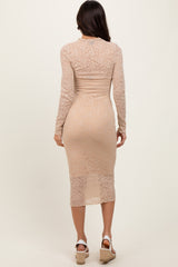 Cream Lace Overlay Long Sleeve Fitted Midi Dress