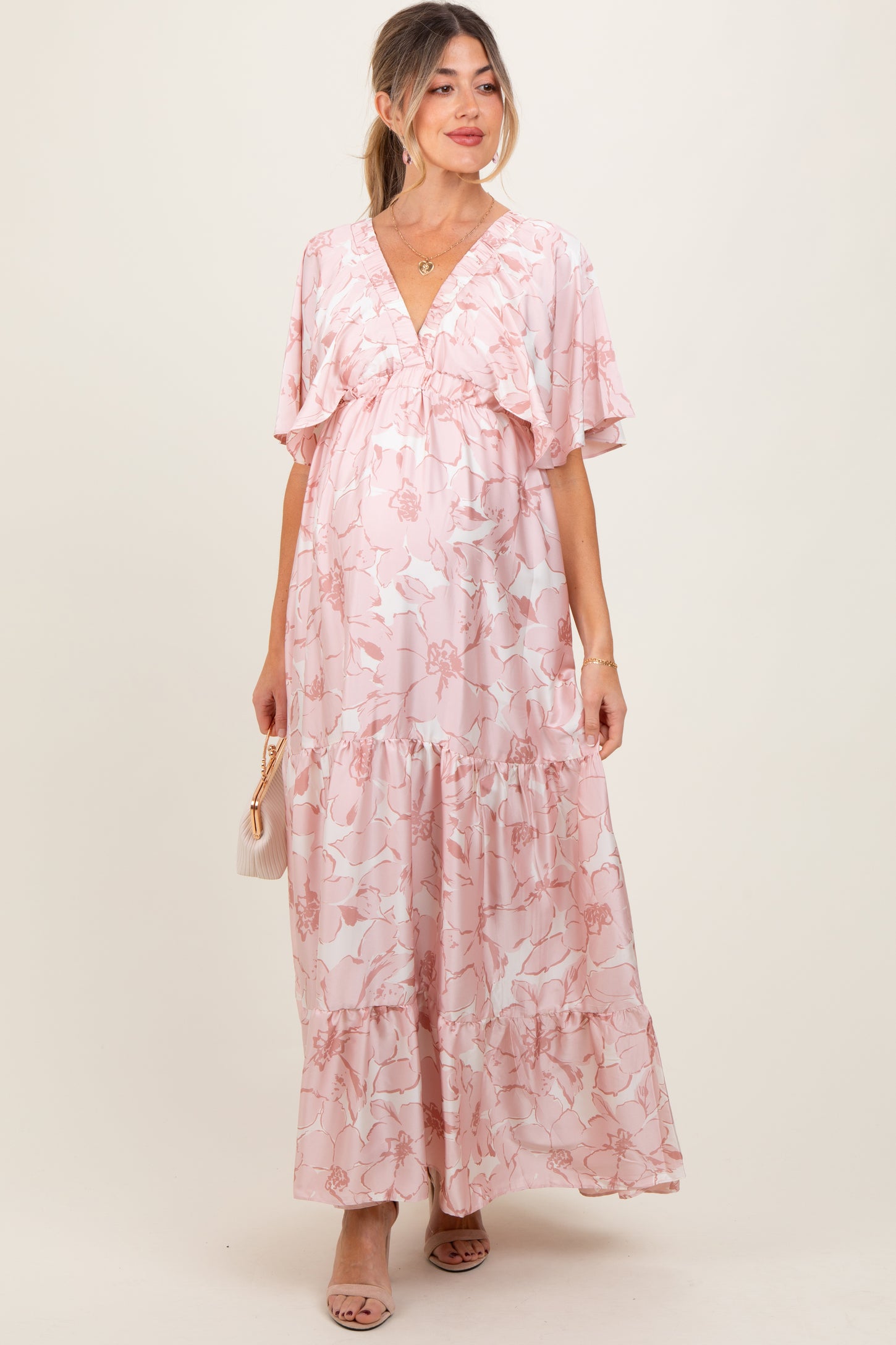 Pink Floral Short Sleeve Deep V-Neck Tiered Maternity Maxi Dress