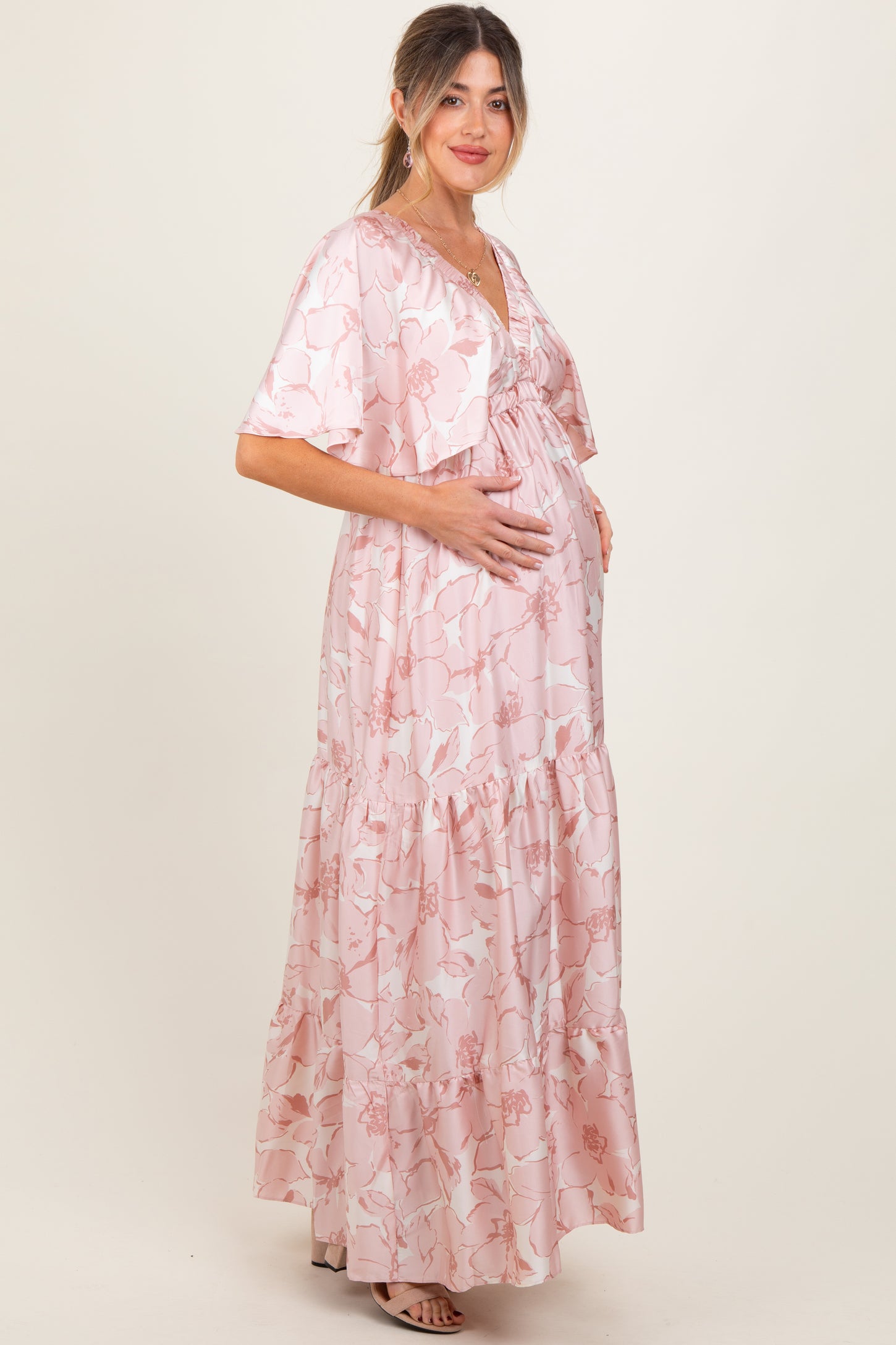Pink Floral Short Sleeve Deep V-Neck Tiered Maternity Maxi Dress