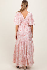 Pink Floral Short Sleeve Deep V-Neck Tiered Maternity Maxi Dress