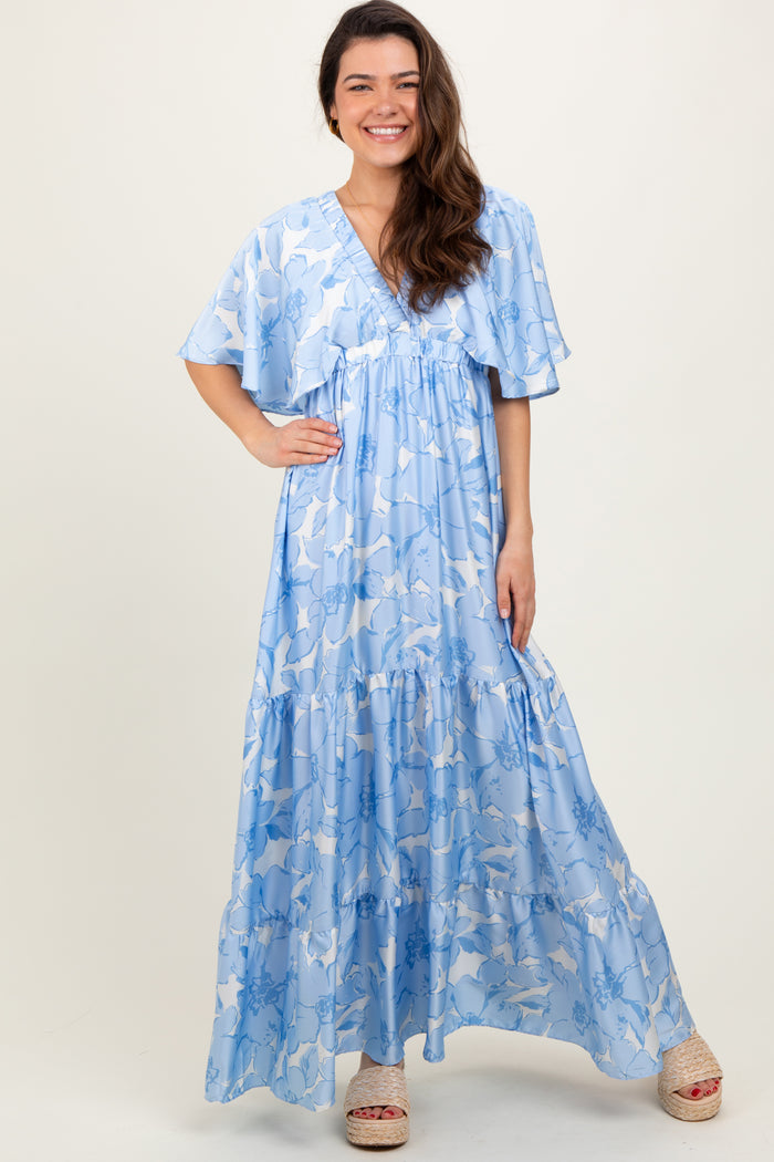 Light Blue Floral Short Sleeve Deep V-Neck Tiered Maternity Maxi Dress