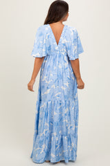Light Blue Floral Short Sleeve Deep V-Neck Tiered Maternity Maxi Dress