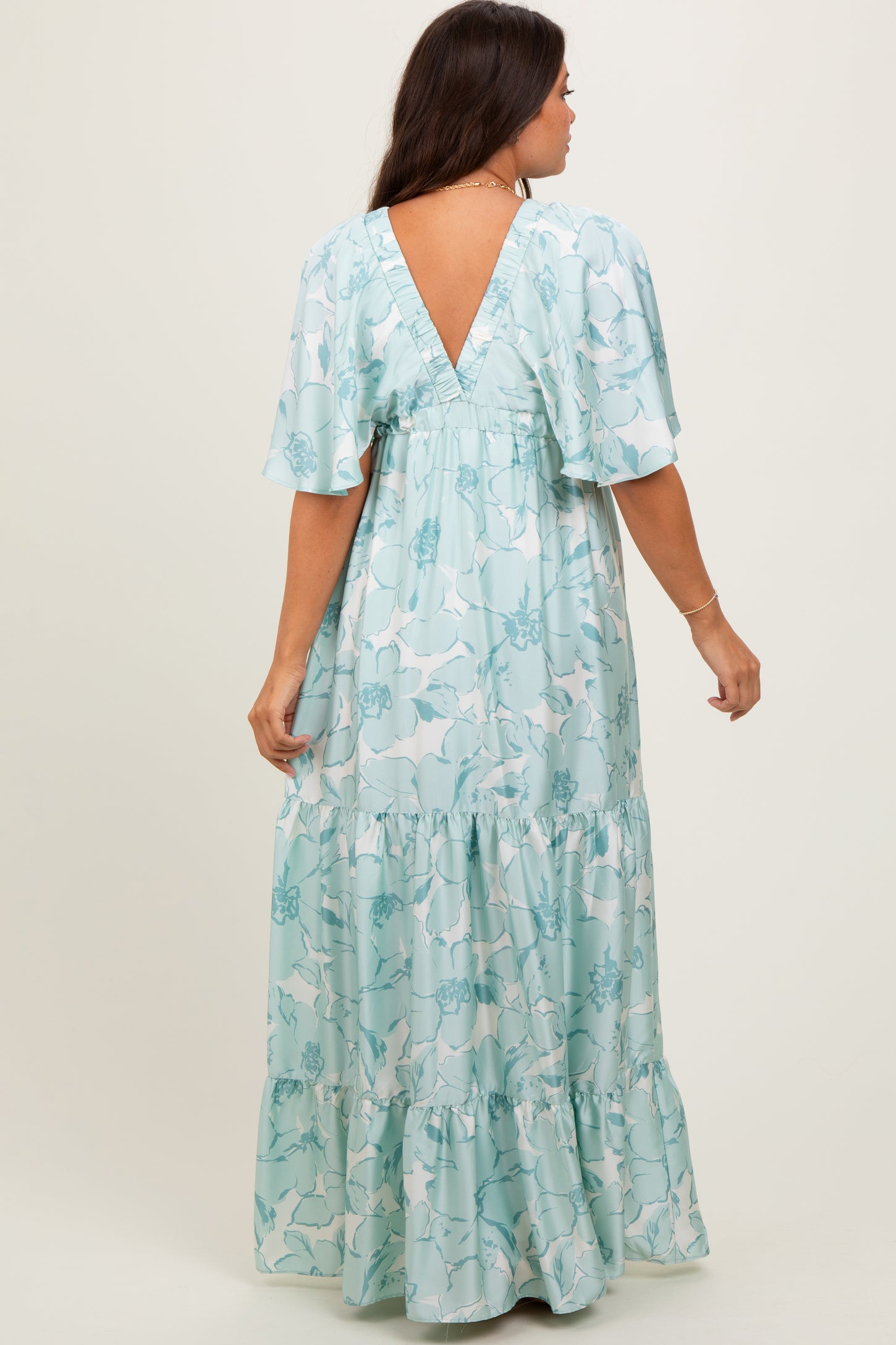 Sage Floral Short Sleeve Deep V-Neck Tiered Maternity Maxi Dress