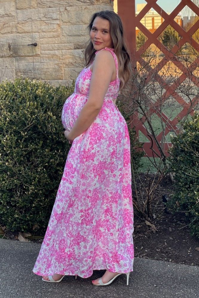 Pink Leaf Print Sleeveless Open Back Smocked Maternity Maxi Dress