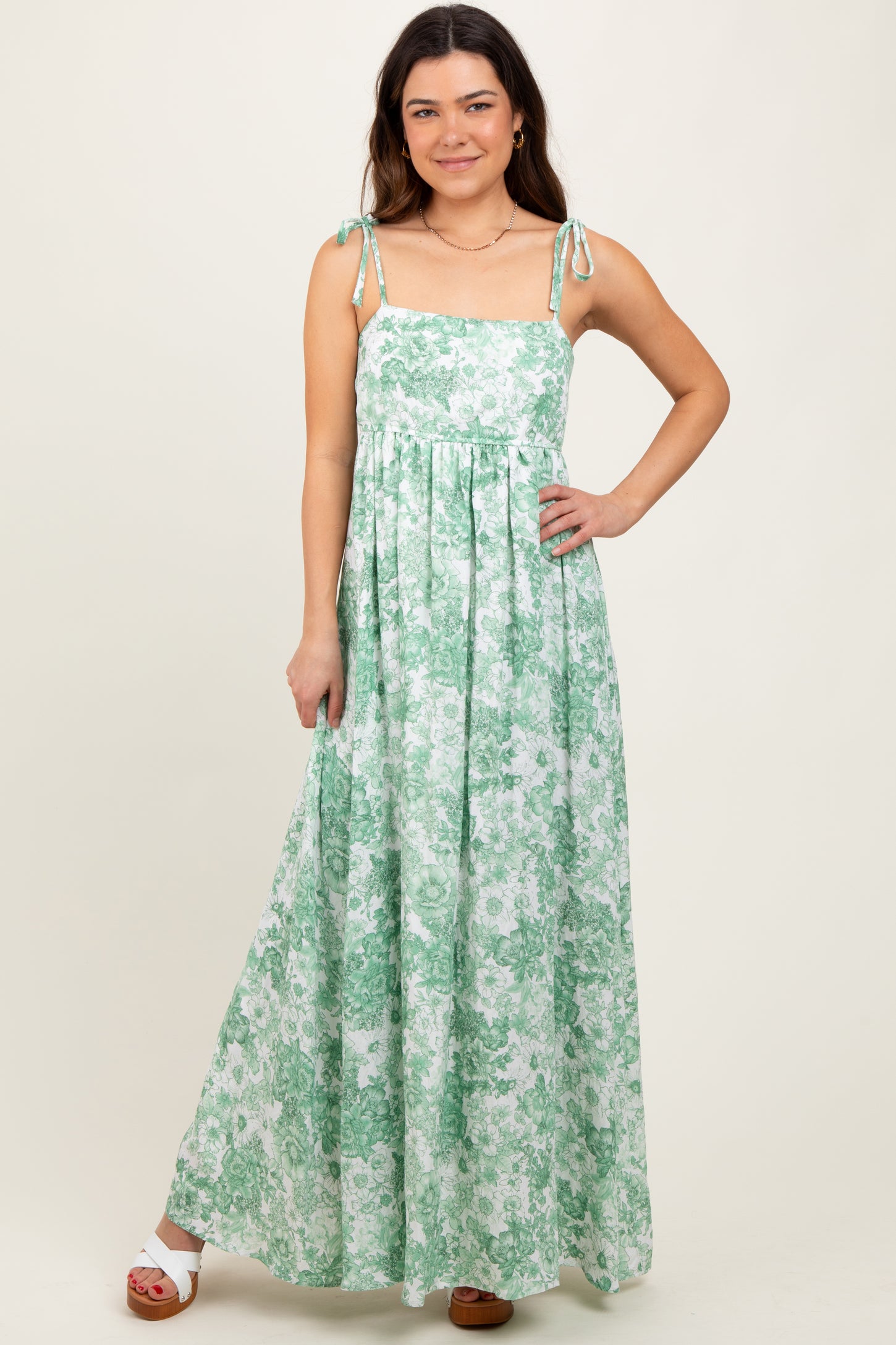 Sage Leaf Print Sleeveless Open Back Smocked Maternity Maxi Dress