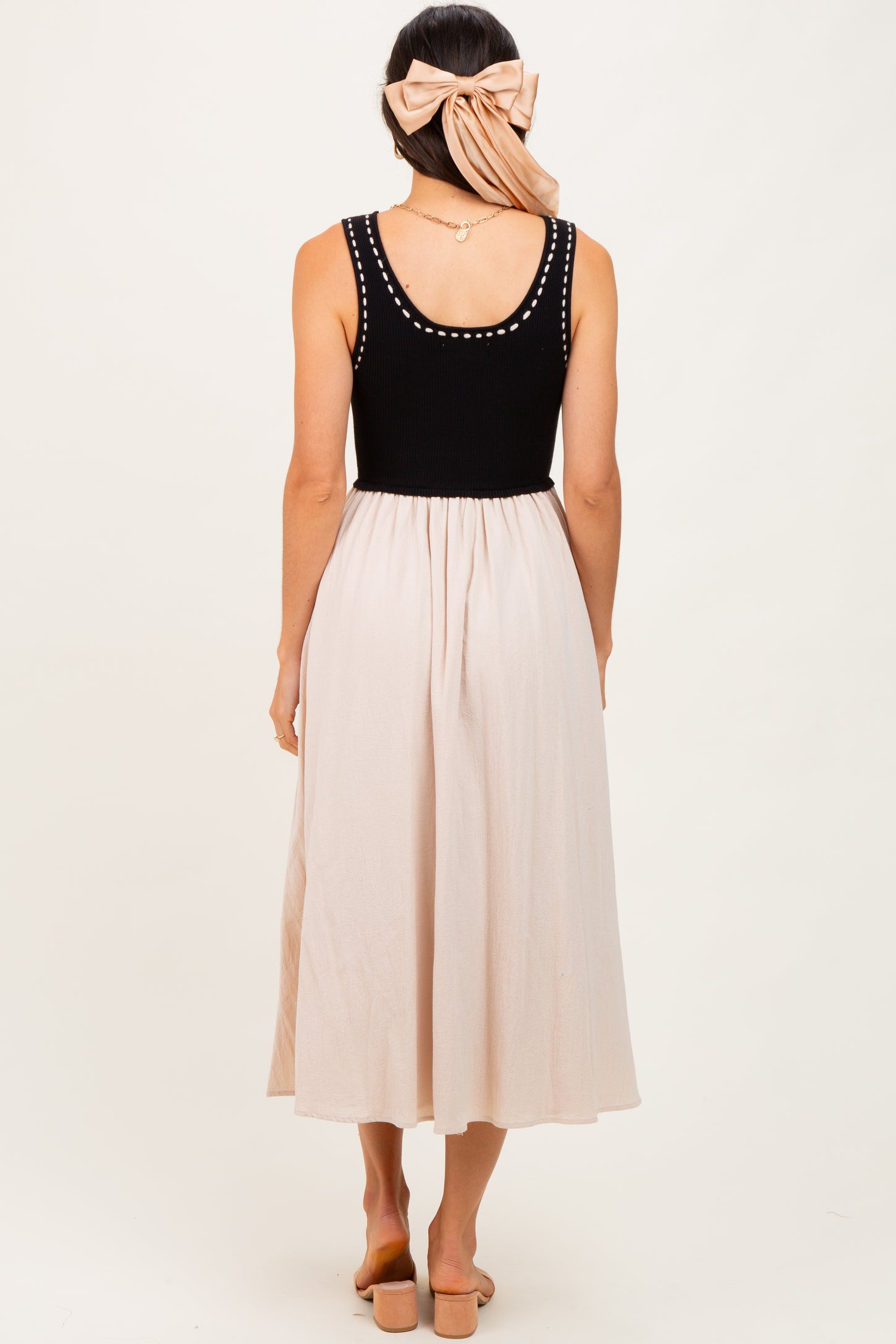 Black Ribbed Top Contrast Sleeveless Midi Dress