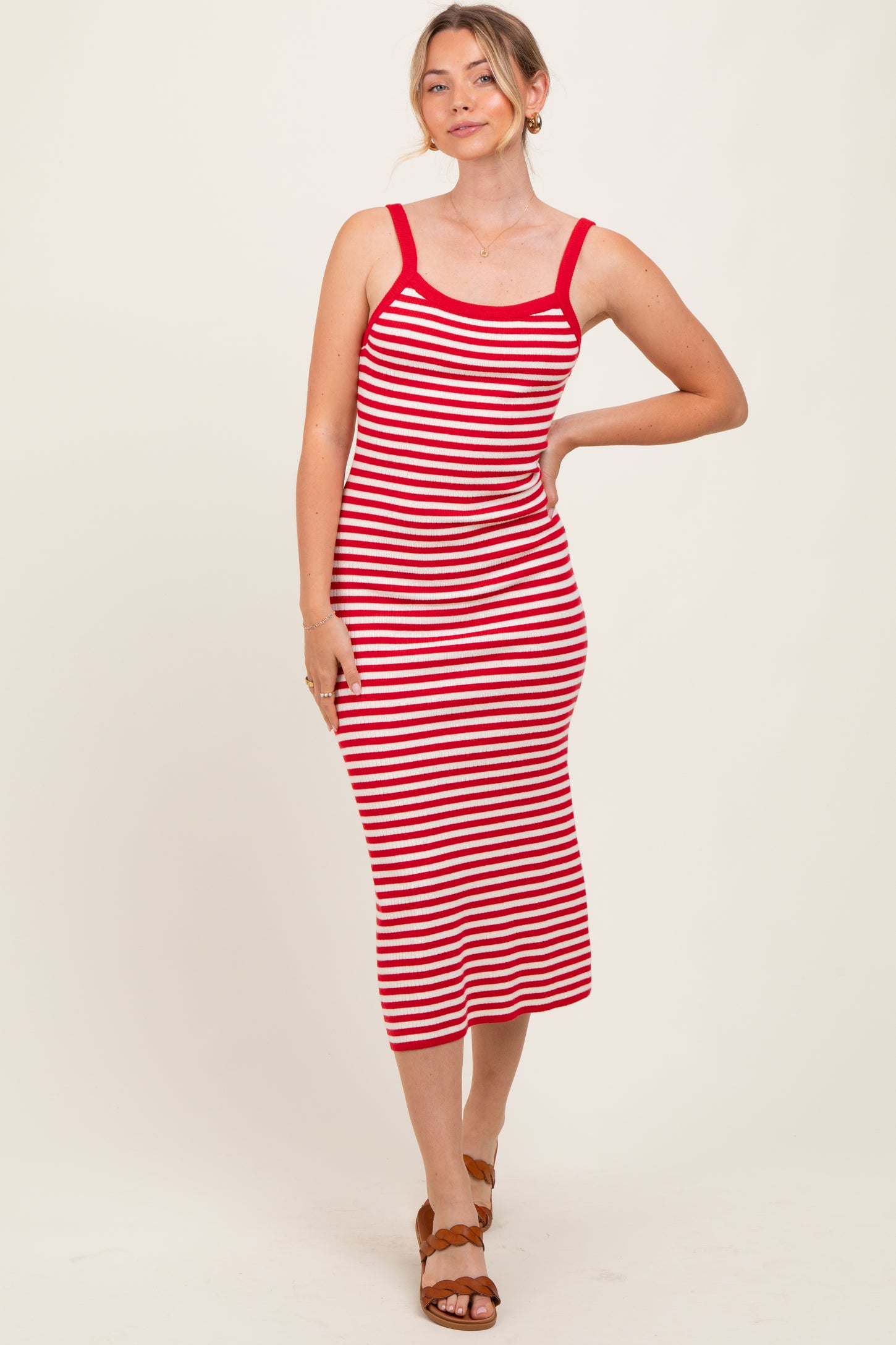 Red Striped Knit Sleeveless Midi Dress