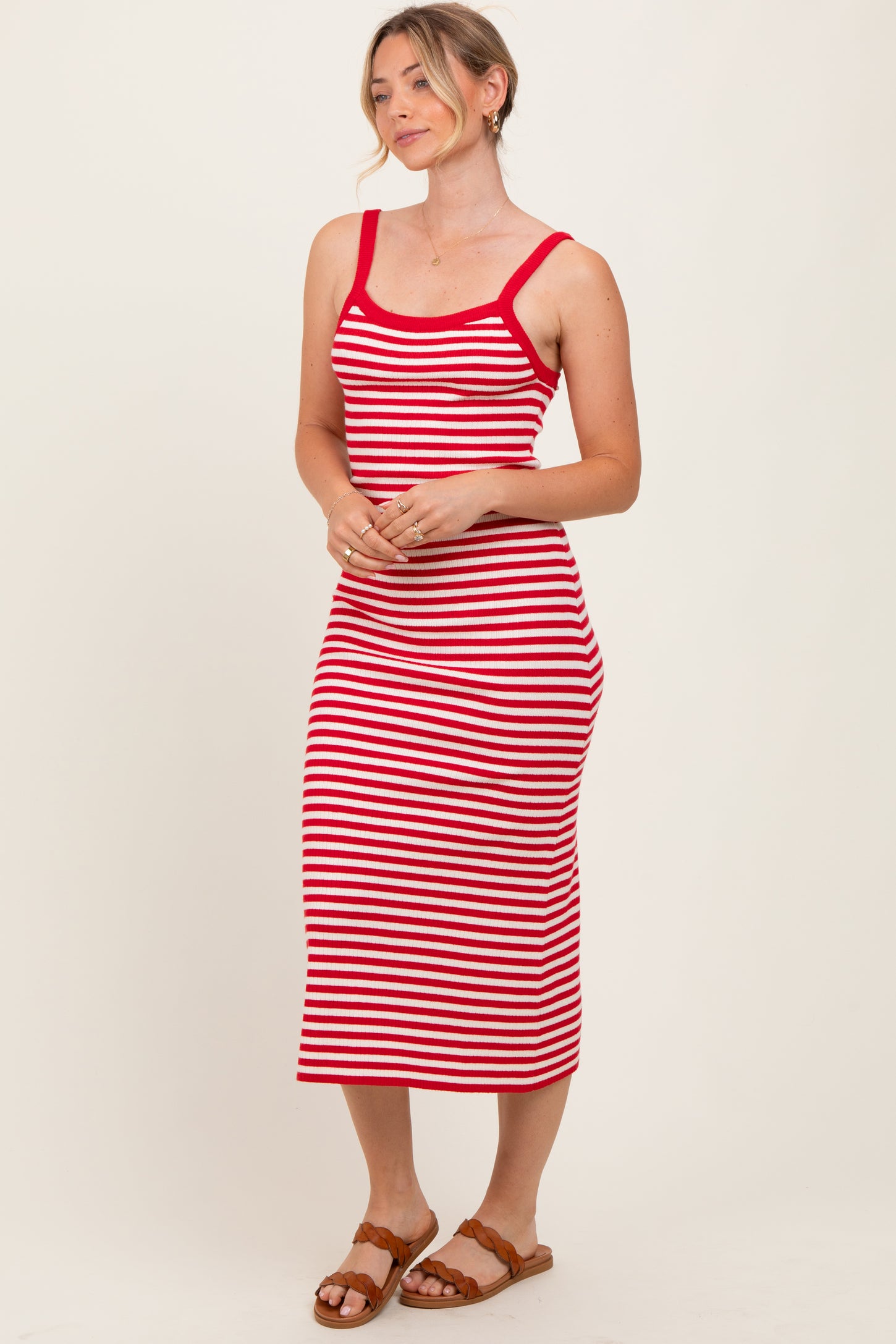 Red Striped Knit Sleeveless Midi Dress