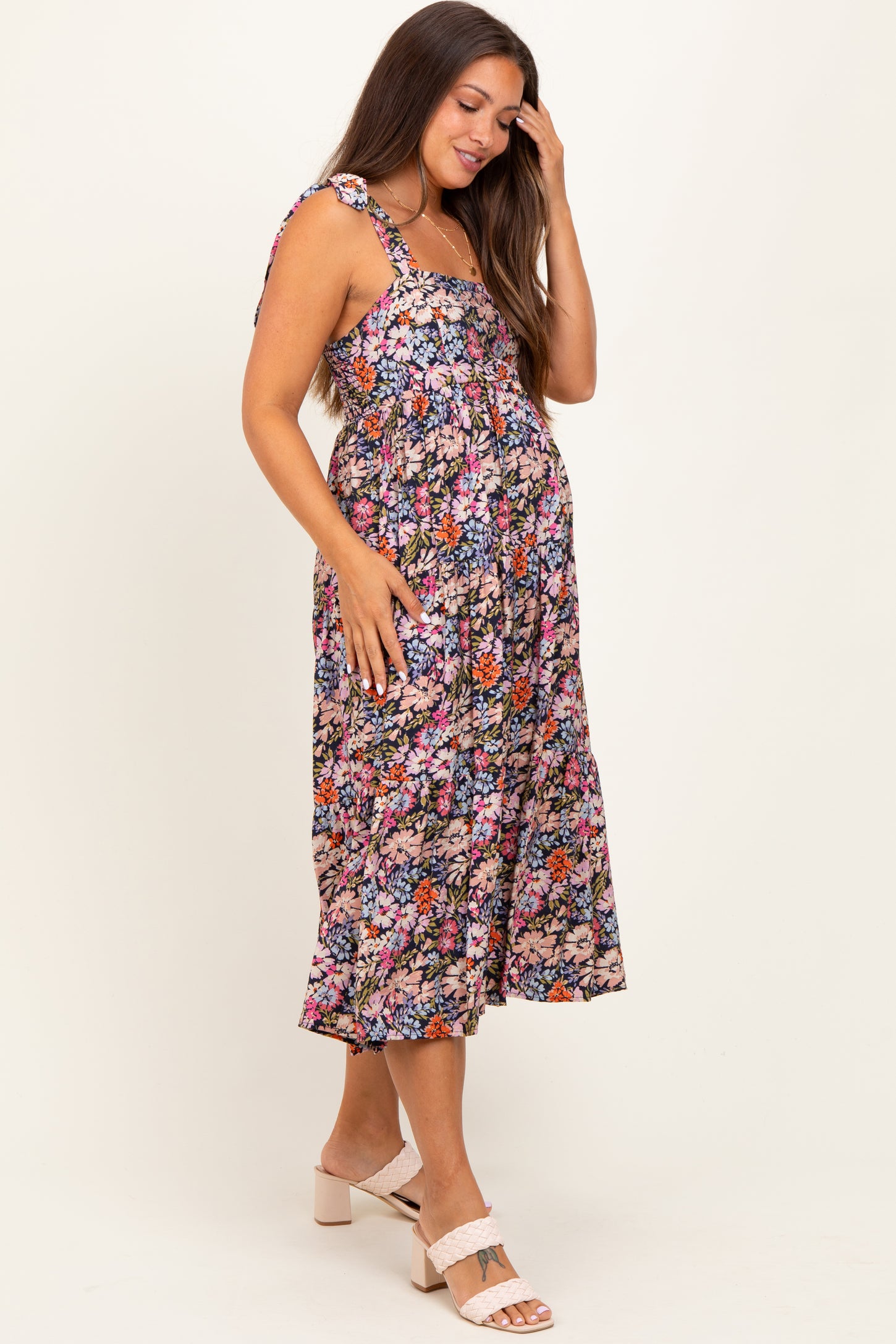 Navy Floral Shoulder Tie Maternity Midi Dress