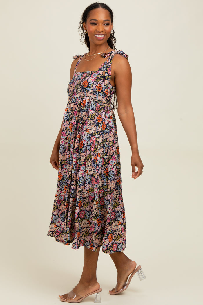 Navy Floral Shoulder Tie Midi Dress